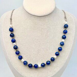Handmade Blue Beaded Necklace Faux Pearl Silver Tone 18”